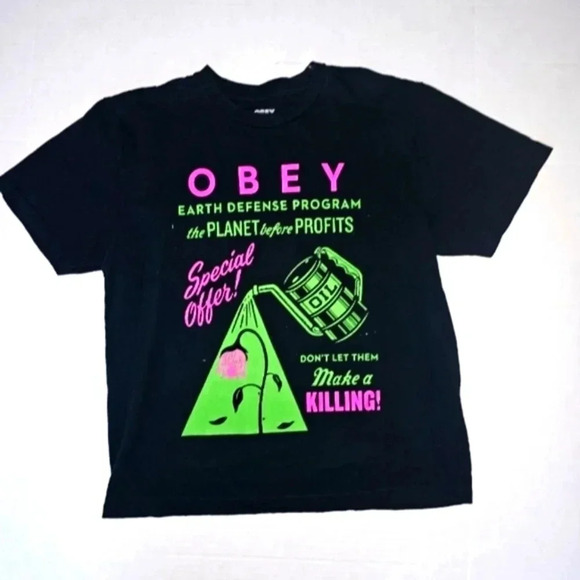 Obey Earth Defense Program Neon Graphic T shirt - Picture 1 of 3